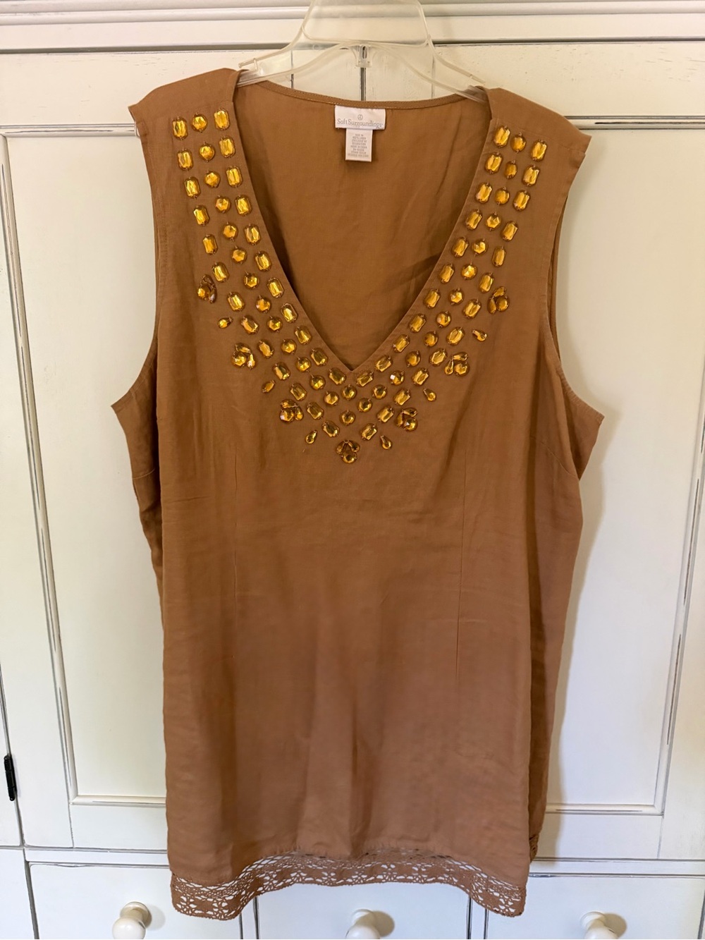 Soft Surroundings Copper Sleeveless V-Neck Tank with Copper Gem Accents